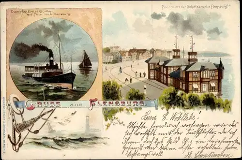 Litho Flensburg in Schleswig Holstein, Schiffsbrücke, Dampfer Ernst Günther
