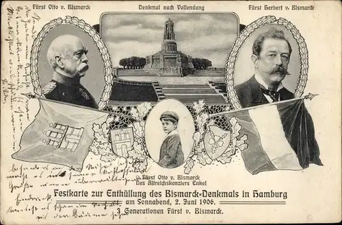 Ak Hamburg Mitte St. Pauli, Bismarck Denkmal, Fürsten Herbert und Otto von Bismarck, Portrait