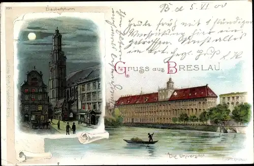 Mondschein Litho Wrocław Breslau Schlesien, Universität, Elisabethturm