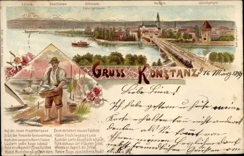 Litho Konstanz am Bodensee, Stadtansicht, Fischer