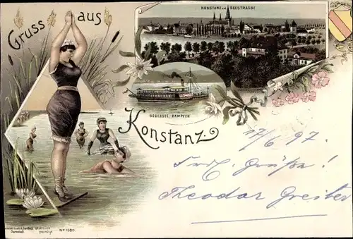 Litho Konstanz am Bodensee, Stadtansicht, Salondampfer, Frauen in Badeanzügen