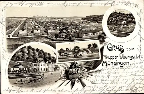 Litho Münsingen in Baden Württemberg, Truppenübungsplatz, Casino, Hardt Hotel, Ludwigshöhe