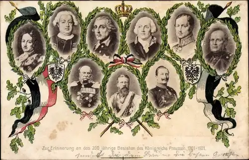 Ak 200 jähriges Bestehen des Königreichs Preußen 1901, Wilhelm I, Wilhelm II, Portrait