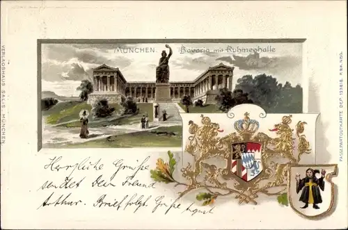 Präge Wappen Litho München Bayern, Bavaria mit Ruhmeshalle