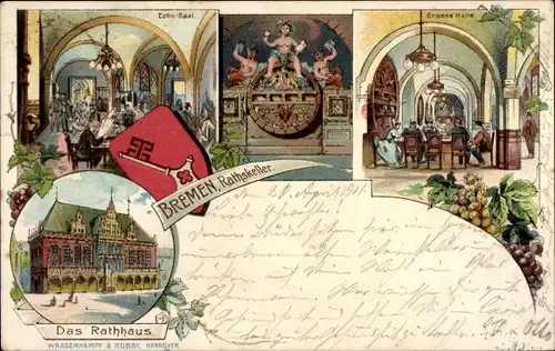 Wappen Litho Hansestadt Bremen, Gasthaus Ratskeller, Rathaus, Innenansicht