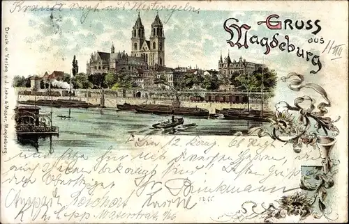 Litho Magdeburg an der Elbe, Stadtansicht mit Dom