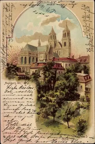 Litho Magdeburg an der Elbe, Stadtansicht mit Dom