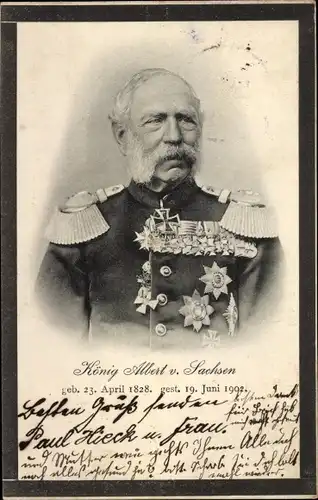 Ak König Albert von Sachsen, Portrait in Uniform, Orden, Trauerkarte
