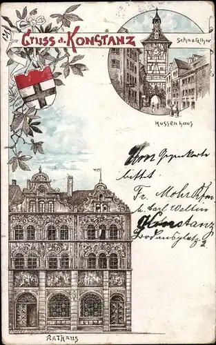 Wappen Litho Konstanz am Bodensee, Hussenhaus, Rathaus, Schnetztor