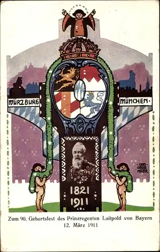 Wappen Künstler Ak Obermeier, Prinzregent Luitpold von Bayern, 90. Geburtstag 1911