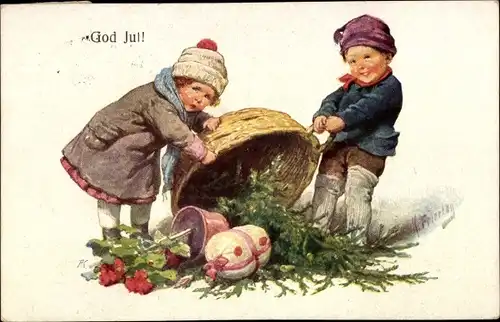 Künstler Ak Feiertag, Karl, Frohe Weihnachten, Kinder, ausgekippter Korb mit Geschenken
