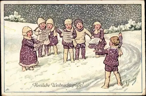 Künstler Ak Feiertag, Karl, Glückwunsch Weihnachten, Singende Kinder