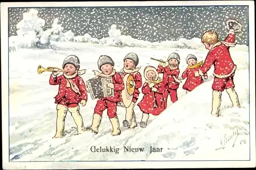 Künstler Ak Feiertag, Karl, Glückwunsch Neujahr, Kinder spielen Musikinstrumente