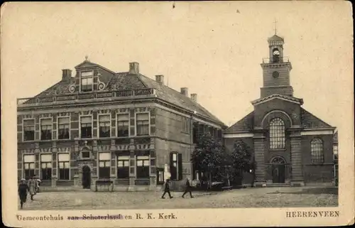 Ak Heerenveen Friesland Niederlande, Gemeentehuis van Schoterland en R. K. Kerk