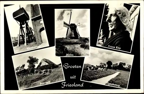 Ak Friesland, Windmühle, Frau in niederländischer Tracht, Glockenturm, Landschaft