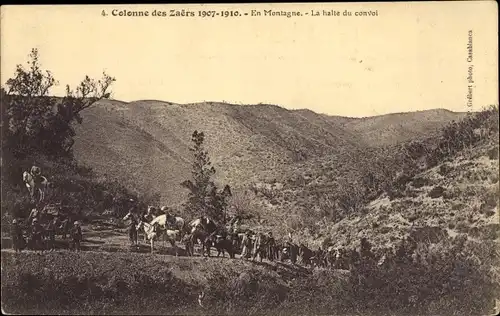 Ak Marokko, Colonne des Zaers 1907-1910, La halte du convoi