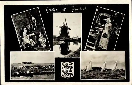Ak Friesland Niederlande, Frau in Tracht, Windmühle, Wappen, Segelboote, Kühe