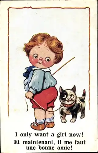 Ak I only want a girl now, Junge mit Katze an der Leine