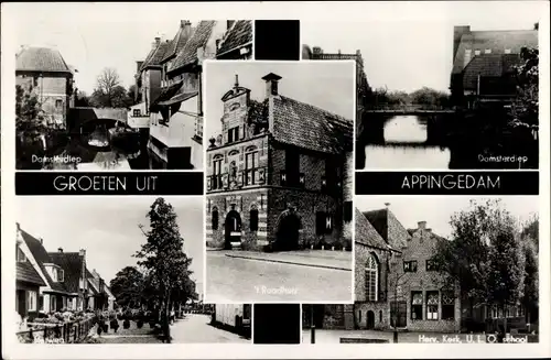 Ak Appingedam Groningen Niederlande, Damsterdiep, Herv. Kerk U.L.O. school