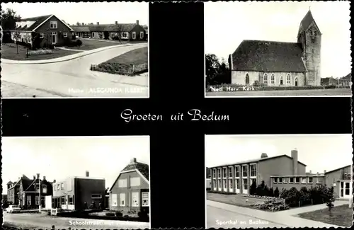 Ak Bedum Groningen Niederlande, Sporthal en Badhuis, Schoolstrat, Kerk, Huize Alegunda Ilbert