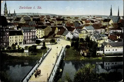 Ak Zwickau in Sachsen, Panorama, Brücke, Kirchtürme
