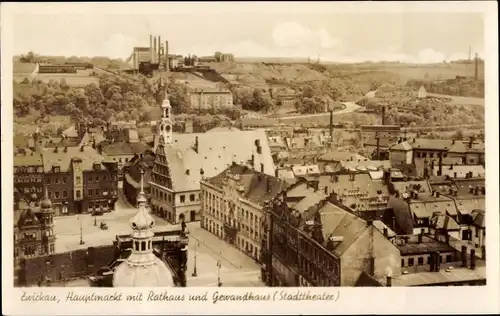 Ak Zwickau in Sachsen, Hauptmarkt mit Rathaus und Gewandhaus, Stadttheater