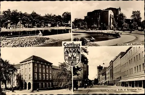 Ak Cottbus in der Niederlausitz, Schillerplatz, Stadttheater, Spremberger Straße, Schillerplatz