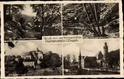 Ak Hartenstein im Erzgebirge Sachsen, Prinzenhöhle, Forsthaus, Schloss Stein, Schloss Hartenstein