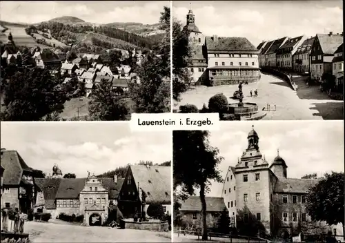 Ak Lauenstein Altenberg im Erzgebirge, Panorama, Platz mit Brunnen