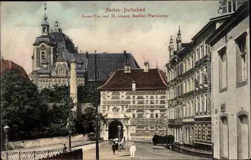 Ak Burtscheid Aachen Nordrhein Westfalen, Jonas-Tor und St. Johann-Baptist-Pfarrkirche