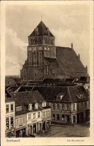 Ak Greifswald, Marienkirche, Carl Riebe Kolonialwaren Delikatessen