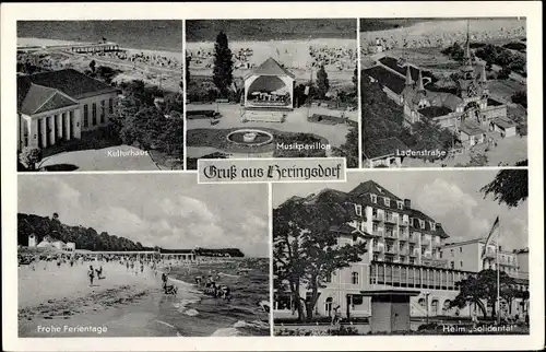 Ak Ostseebad Heringsdorf auf Usedom, Kulturhaus, Musikpavillon, Ladenstraße, Heim Solidarität