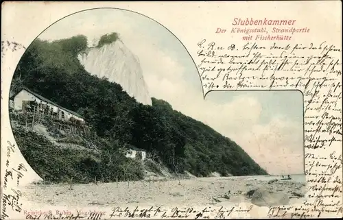 Ak Stubbenkammer Sassnitz auf Rügen, Königsstuhl, Strandpartie, Fischerhütte