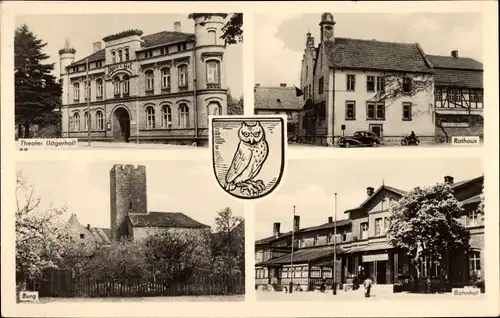 Wappen Ak Oebisfelde in Sachsen Anhalt,Theater, Rathaus, Burg und Bahnhof