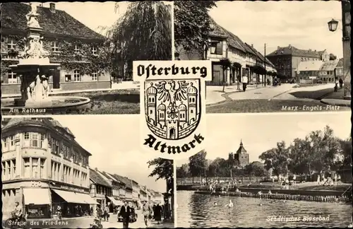 Ak Osterburg in der Altmark, Rathaus, Marx Engels Platz, Str. des Friedens, Städt. Biesebad, Wappen