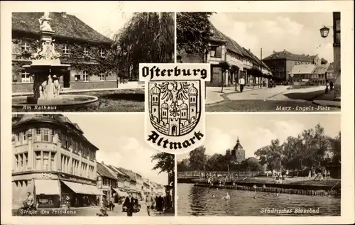 Ak Osterburg in der Altmark, Rathaus, Marx Engels Platz, Str. des Friedens, Städt. Biesebad, Wappen