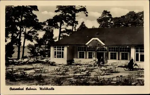 Ak Ostseebad Lubmin, Waldhalle und Terrasse, Fahrrad
