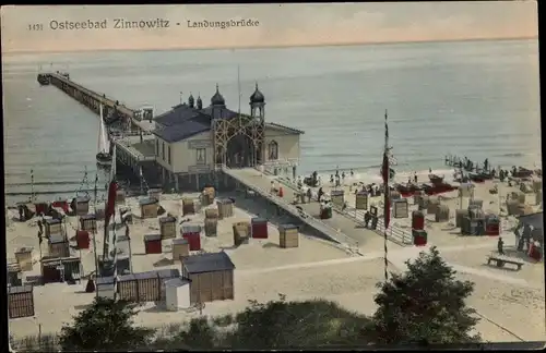 Ak Ostseebad Zinnowitz auf Usedom, Landungsbrücke, Strand