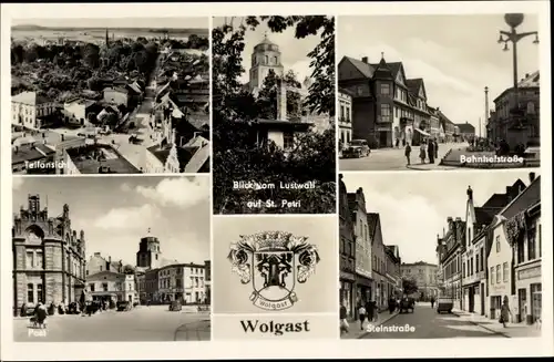 Ak Wolgast in Mecklenburg Vorpommern, Teilansicht, Blick v. Lustwall auf St. Petri, Post, Wappen