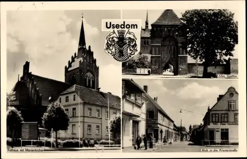 Ak Stadt Usedom an der Ostsee, Rathaus m. Marienkirche, Altes Stadttor, Priesterstraße, Wappen