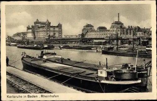 Ak Karlsruhe in Baden, Lastkahn im Rheinhafen