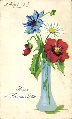 Handgemalt Ak Glückwunsch, Bonne et Heureuse Fete, Blumen in einer Vase