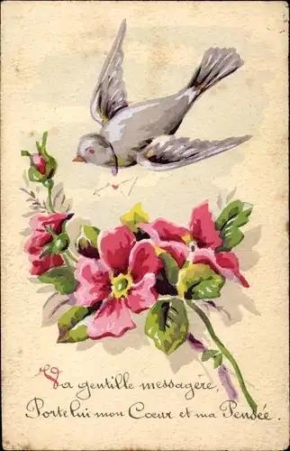 Handgemalt Ak Taube und Rosenblüten