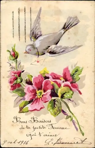 Handgemalt Ak Taube und Rosenblüten