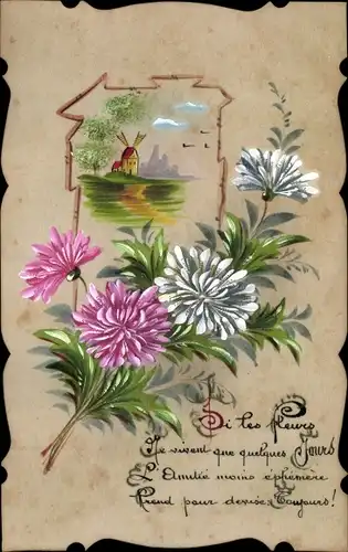 Handgemalt Ak Landschaft mit Windmühle, Blumen