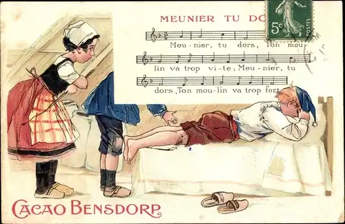 Lied Ak Meunier tu dors, ton moulin va trop..., Cacao Bensdorp, Schlafender Junge, Bett