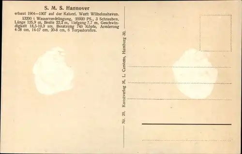 Ak Deutsches Kriegsschiff, SMS Hannover, Linienschiff, Kaiserliche Marine