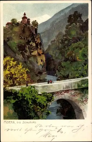 Künstler Litho Diemer, Zeno, Dorf Tirol Tirolo bei Meran Südtirol, Zenoburg, Brücke