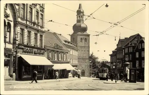 Ak Remscheid im Bergischen Land, Markt, Drogerie, Kirche, Tram