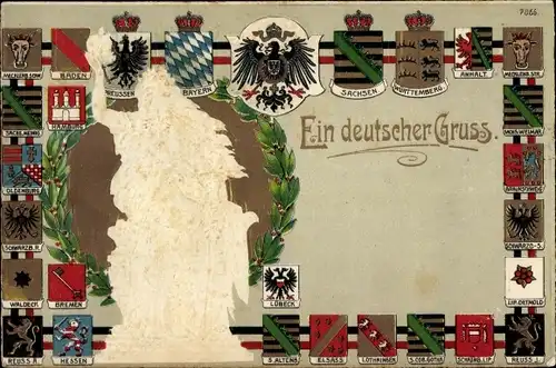 Präge Wappen Litho Ein deutscher Gruß, Landeswappen, Germania